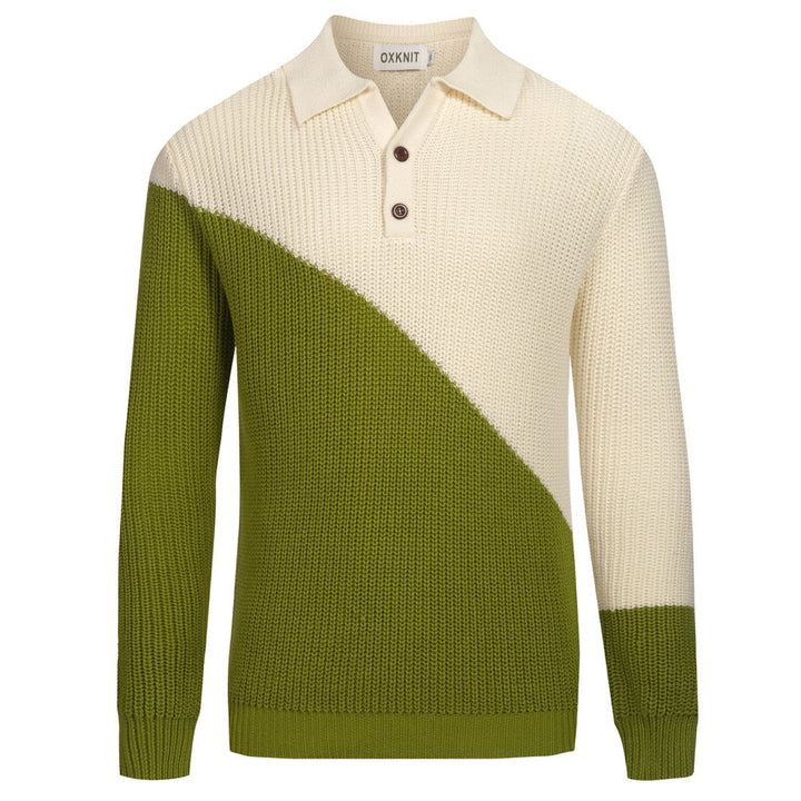 Camisa pólo retrô masculina verde com gola V e cor bloqueada