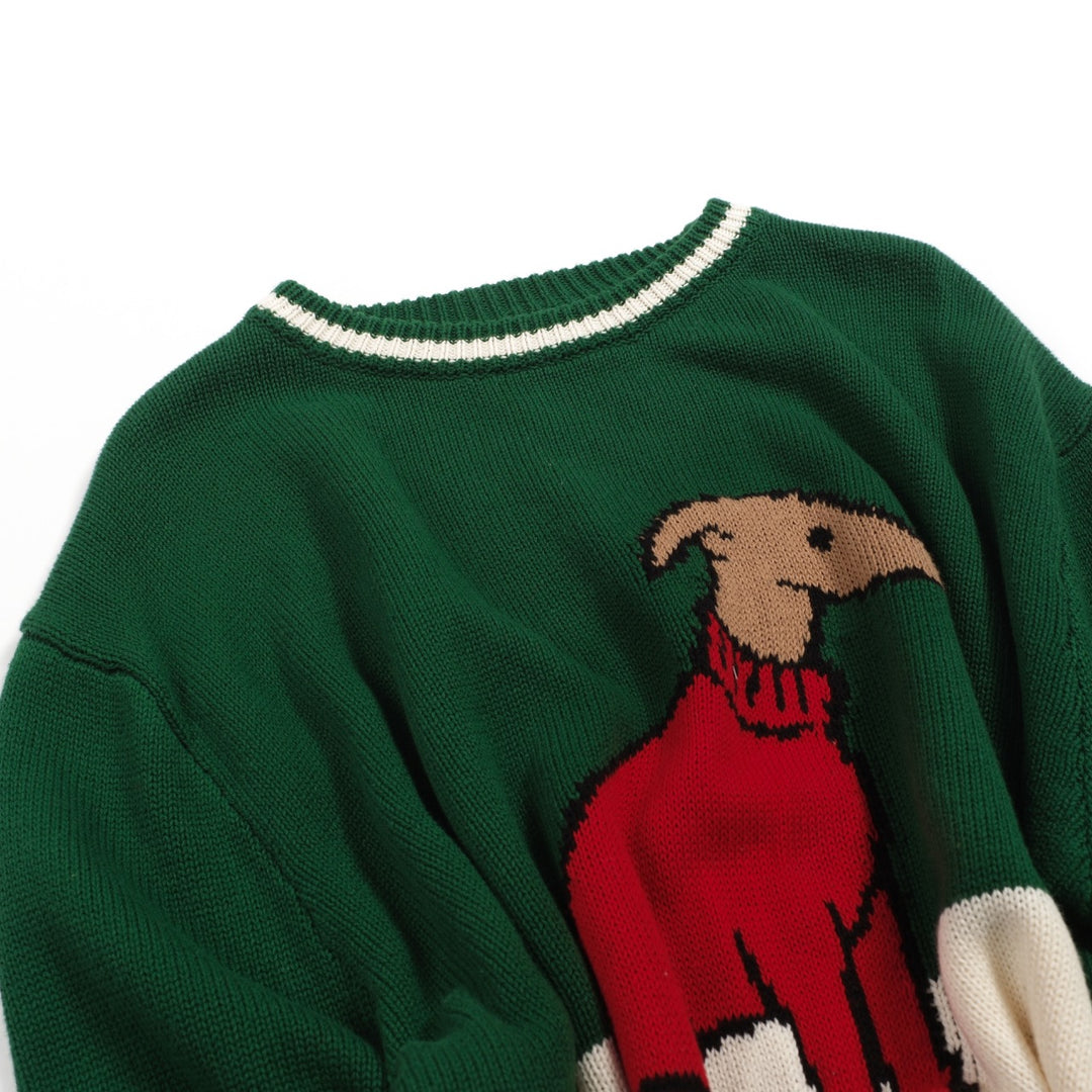 Men's green dog jacquard vintage knitwear