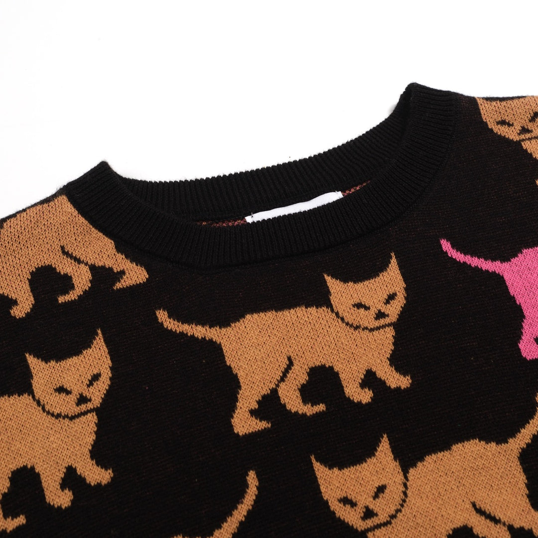 Jacquardstrikk i svart kattemønster for kvinner