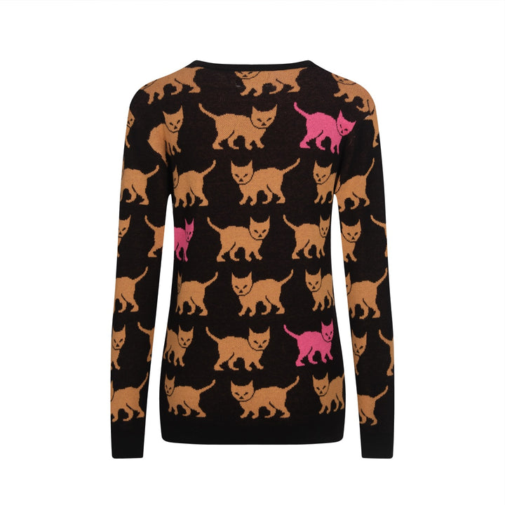 Jacquardstrikk i svart kattemønster for kvinner
