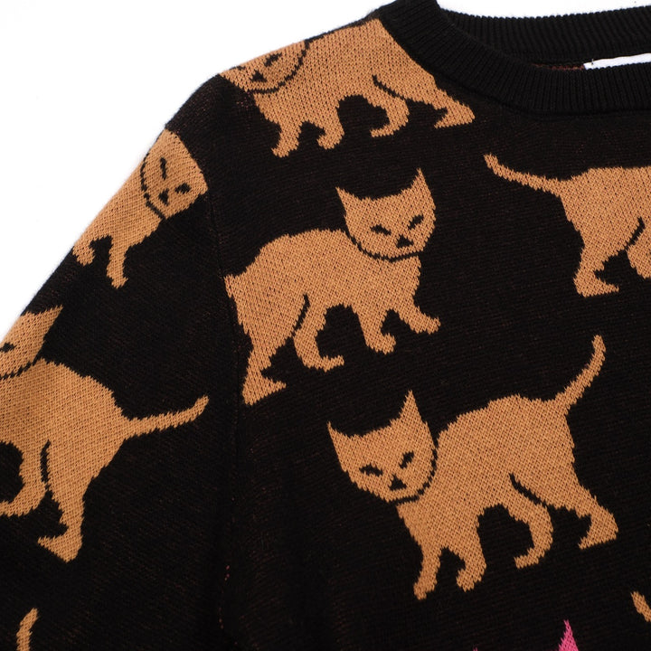 Jacquardstrikk i svart kattemønster for kvinner