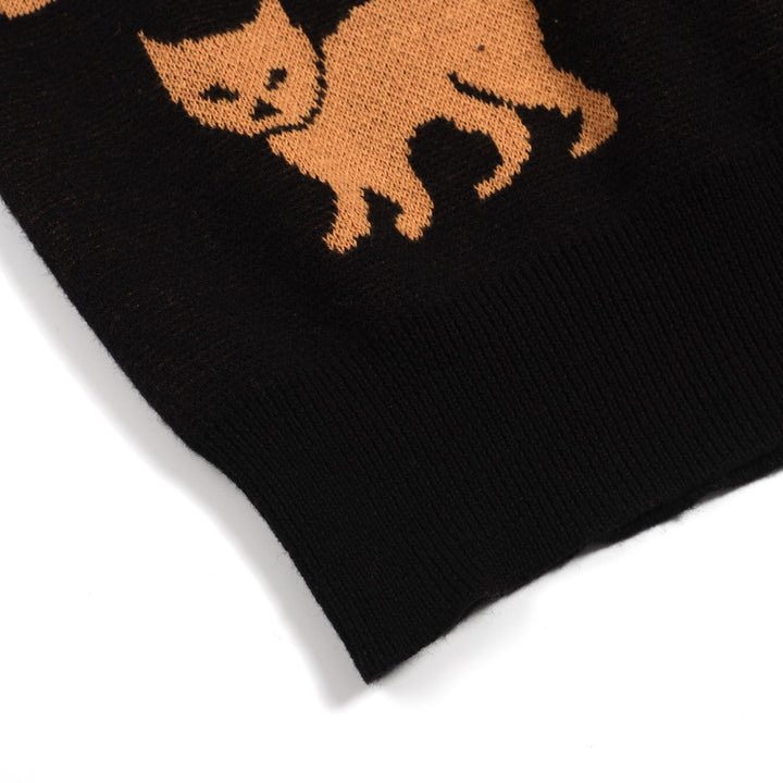 Jacquardstrikk i svart kattemønster for kvinner