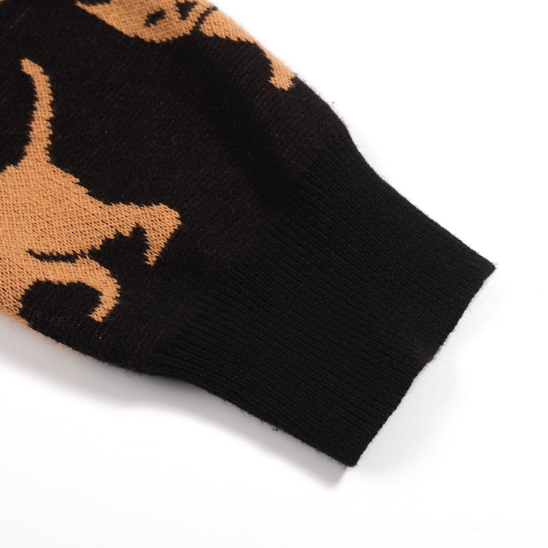 Jacquardstrikk i svart kattemønster for kvinner