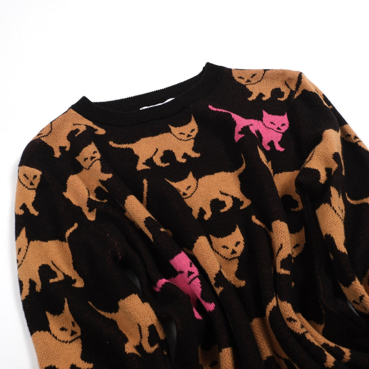 Jacquardstrikk i svart kattemønster for kvinner