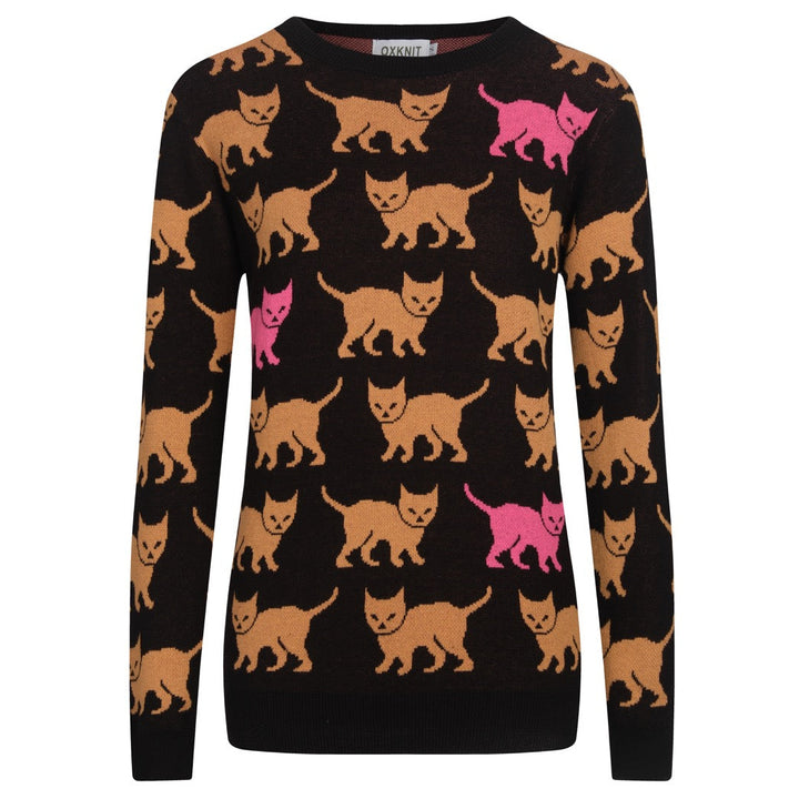 Jacquardstrikk i svart kattemønster for kvinner