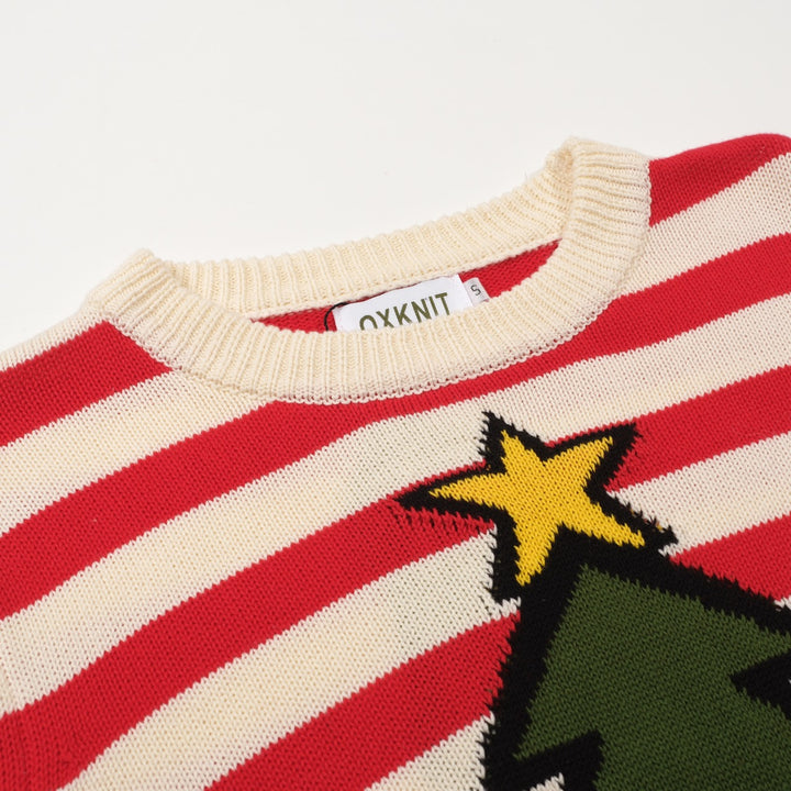Women's red striped Christmas tree vintage knitwear - Cropped length