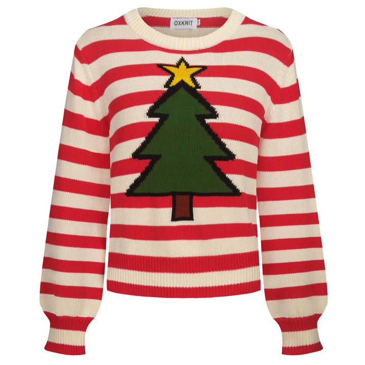 Women's red striped Christmas tree vintage knitwear - Cropped length