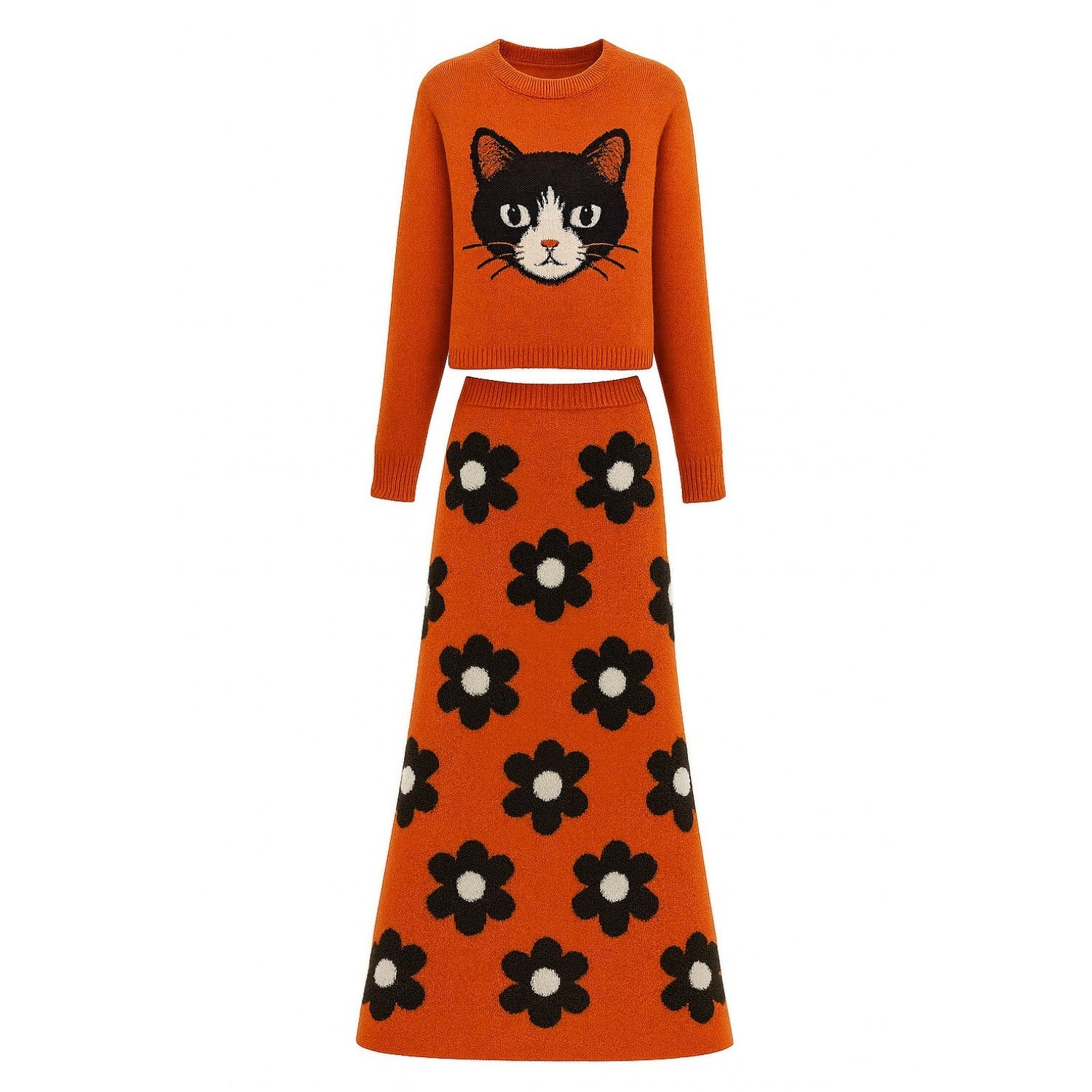 Women's Orange Vintage Cat Style Jacquard Knit Set – OXKnit
