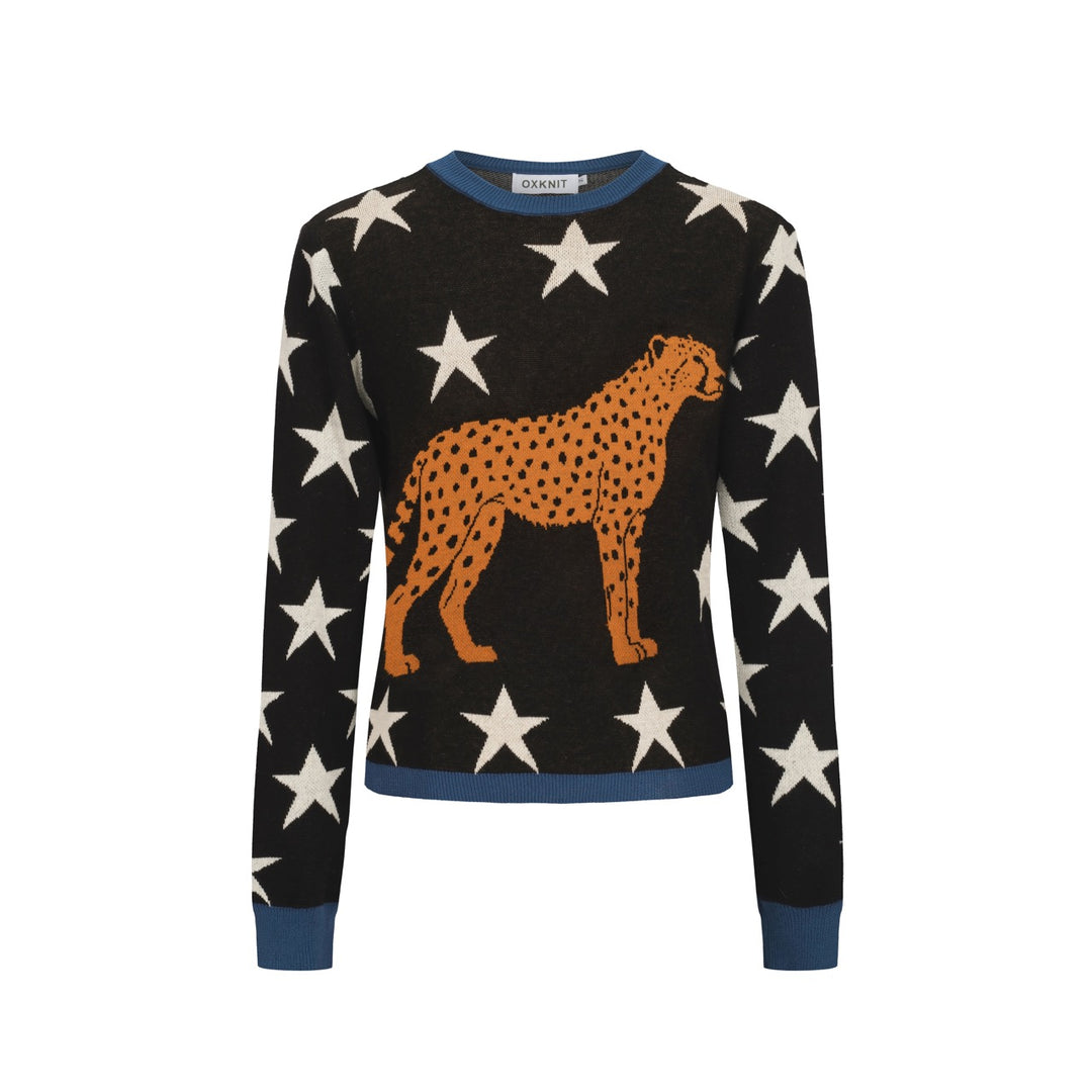Women's black vintage star cheetah street fashion jacquard knit set