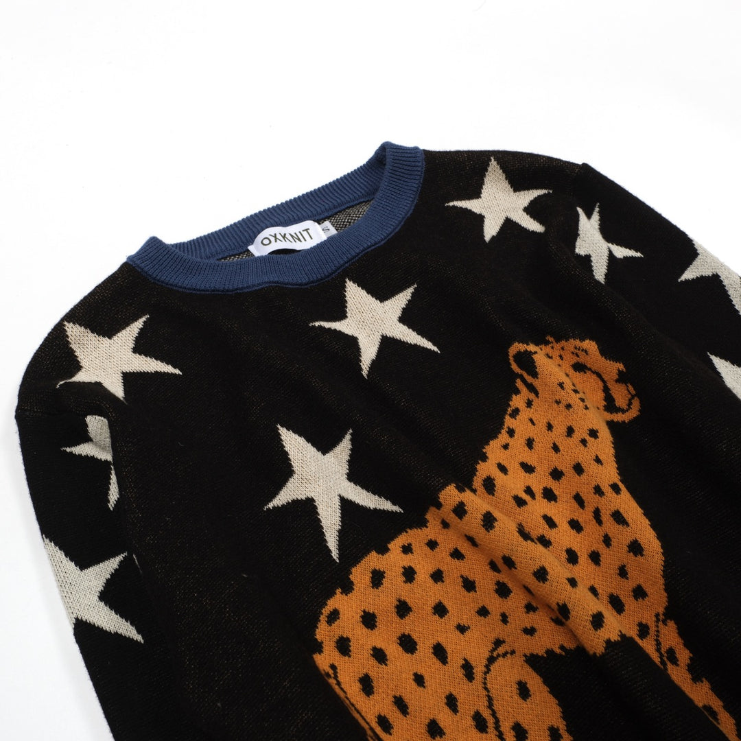 Women's black vintage star cheetah street fashion jacquard knit set