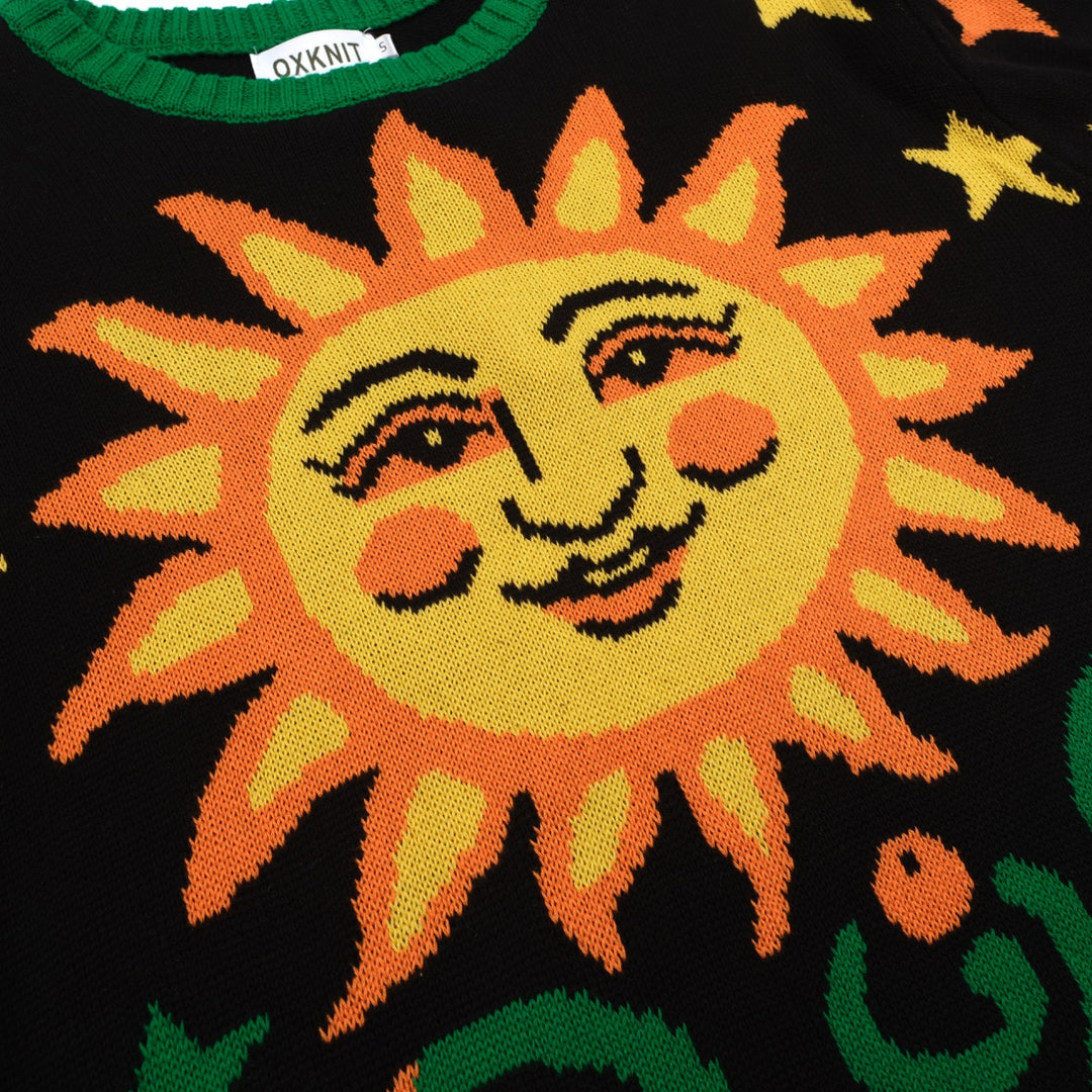Men's vintage black sun graphic jacquard knitwear