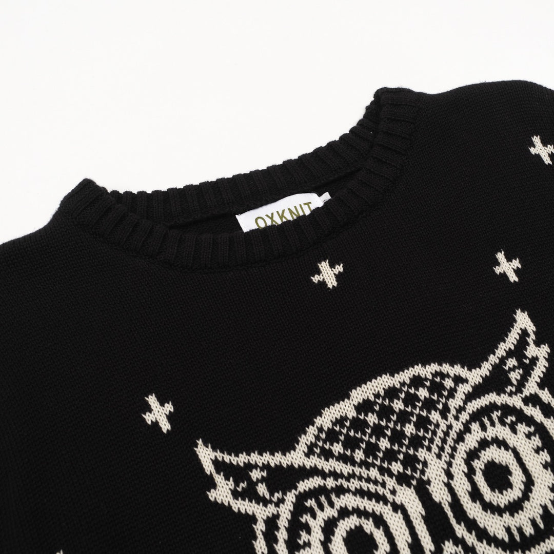 Men's black vintage striped owl jacquard knitwear