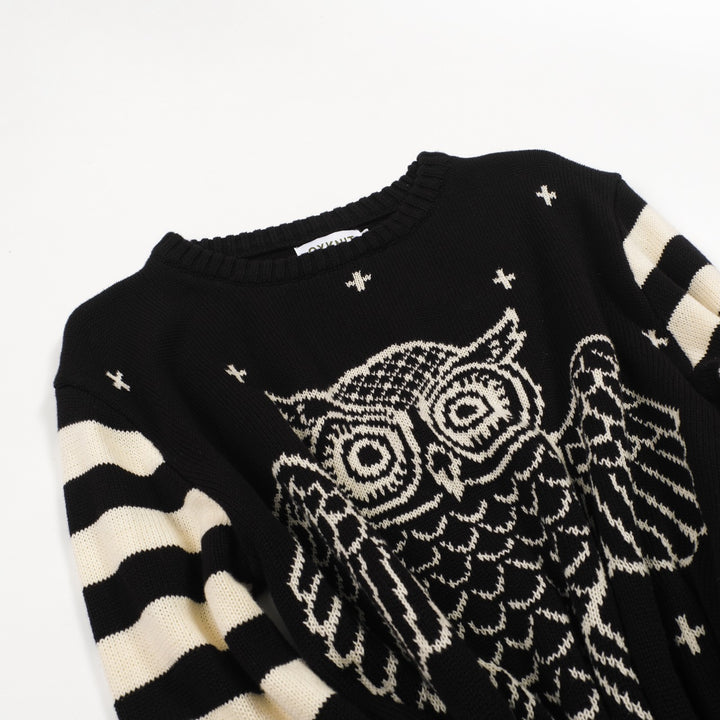 Men's black vintage striped owl jacquard knitwear