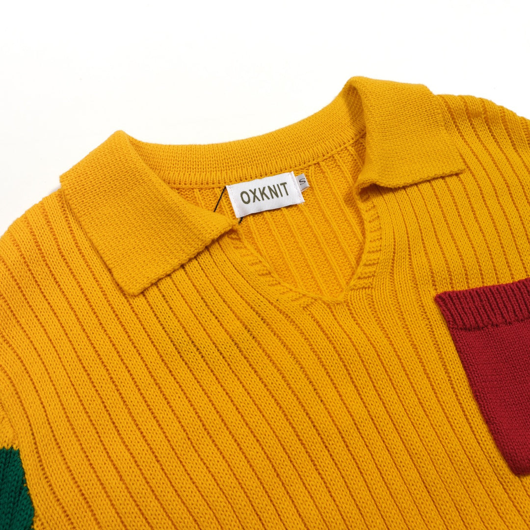 Men's Colour-matched vintage knit pocket V-neck polo