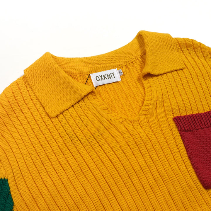 Men's Colour-matched vintage knit pocket V-neck polo