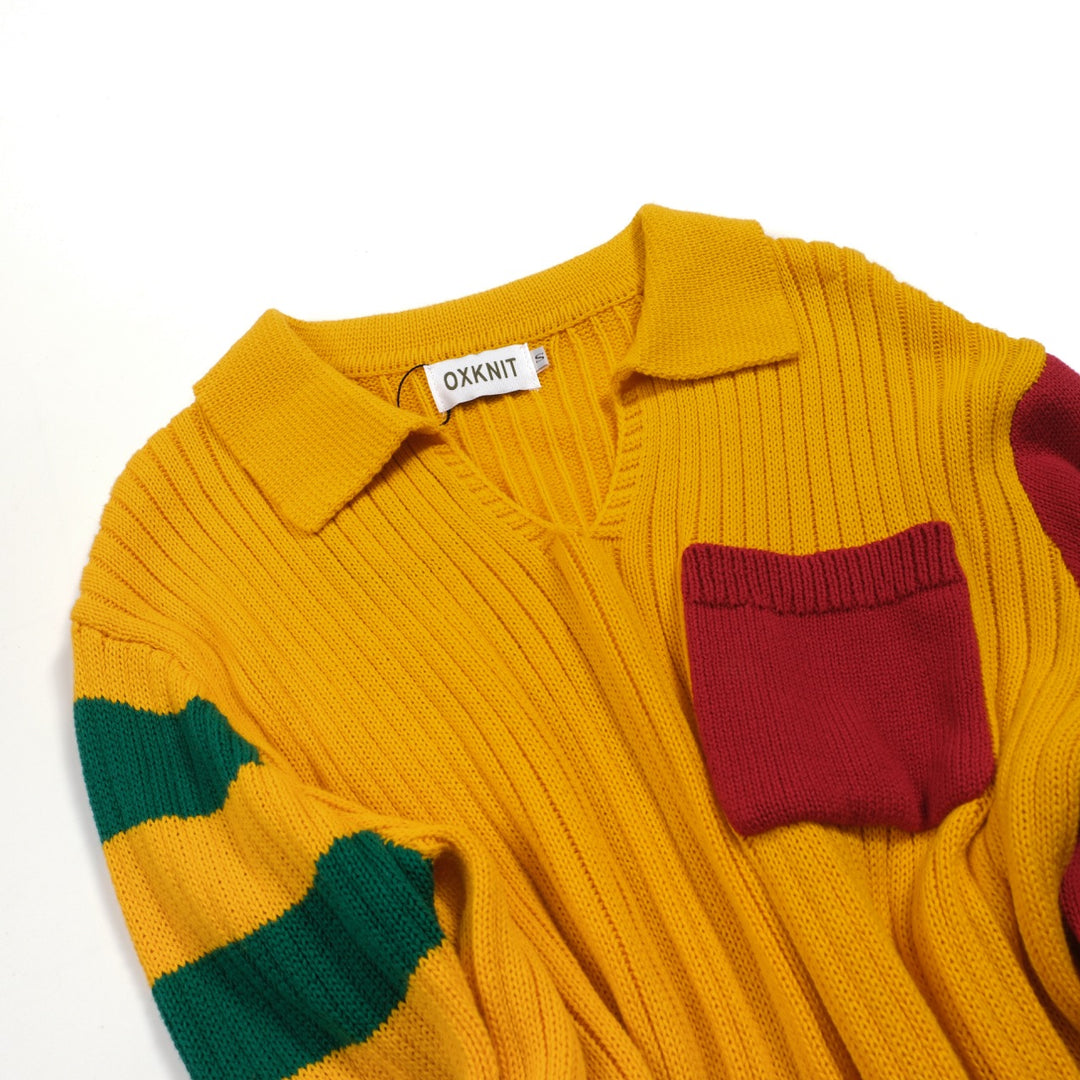 Men's Colour-matched vintage knit pocket V-neck polo