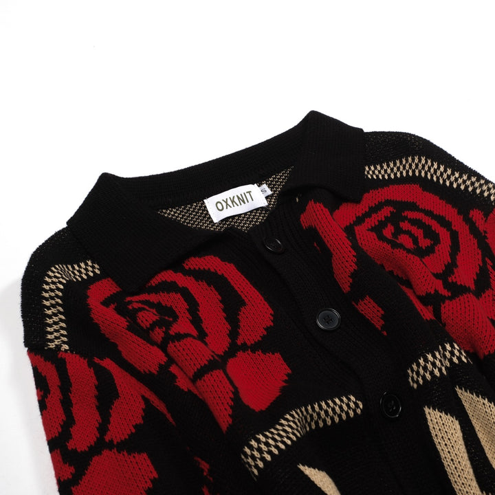 Men's black rose vintage casual knit cardigan