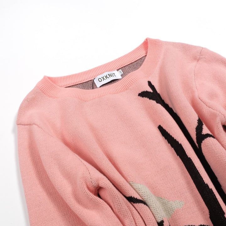 Kvinders Pink Bird Retro Art Fashion rundhalset strik