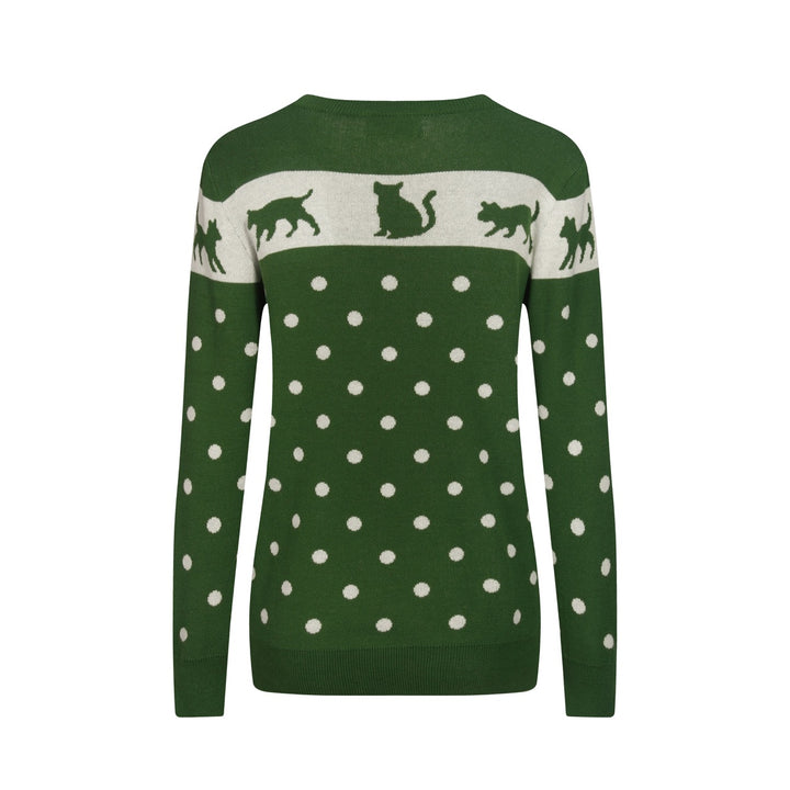 Women's Green Cat Ancient Tune Art Round Neck Knitwear