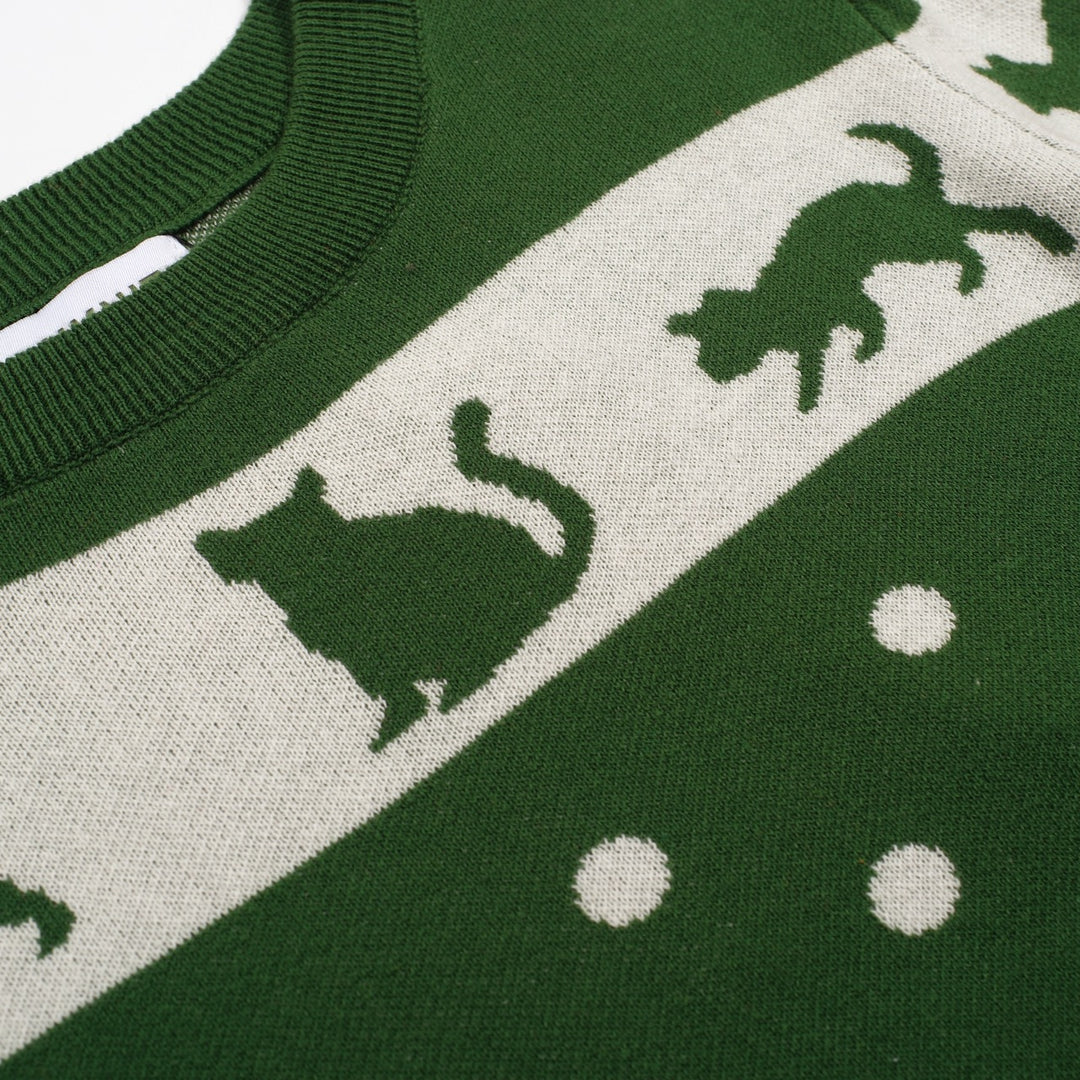 Women's Green Cat Ancient Tune Art Round Neck Knitwear