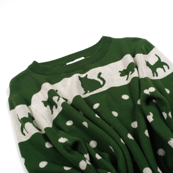 Women's Green Cat Ancient Tune Art Round Neck Knitwear