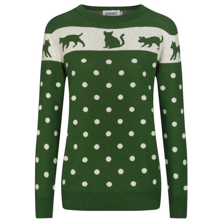 Women's Green Cat Ancient Tune Art Round Neck Knitwear