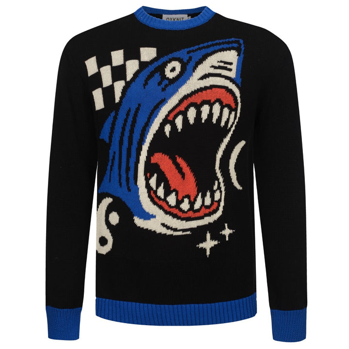 Mens black Shark vintage print jacquard knitwear