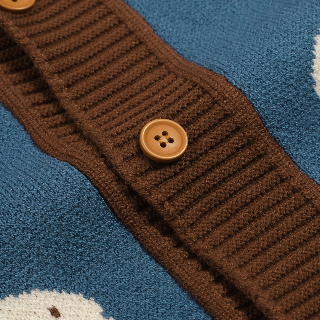 Men's blue vintage animal jacquard sweater cardigan