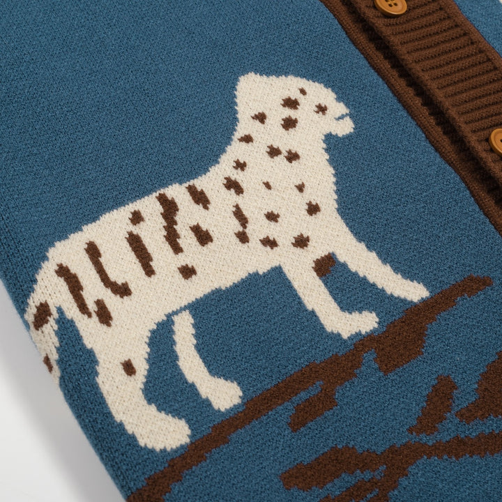 Men's blue vintage animal jacquard sweater cardigan