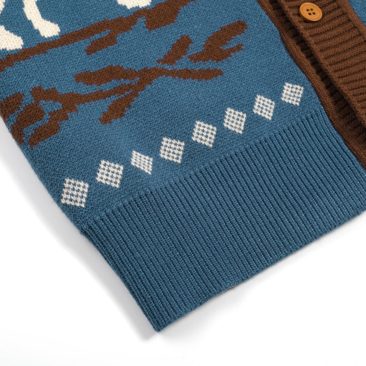 Men's blue vintage animal jacquard sweater cardigan