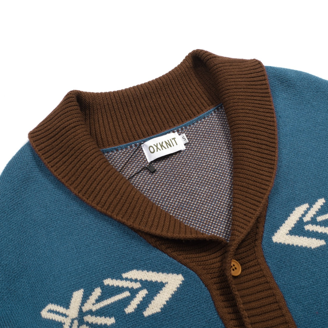 Men's blue vintage animal jacquard sweater cardigan