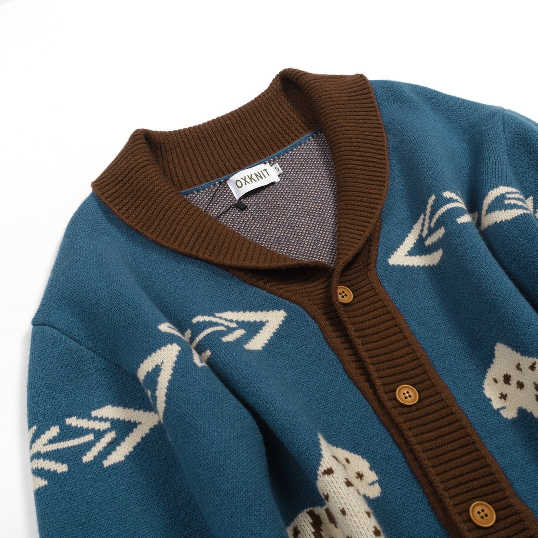 Men's blue vintage animal jacquard sweater cardigan