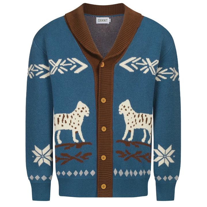 Men's blue vintage animal jacquard sweater cardigan