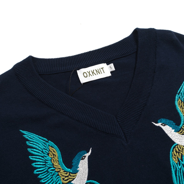 Kvinders mørkeblå broderede bobleærmer strik