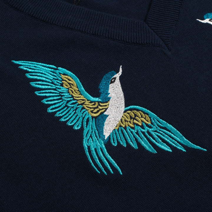 Kvinders mørkeblå broderede bobleærmer strik