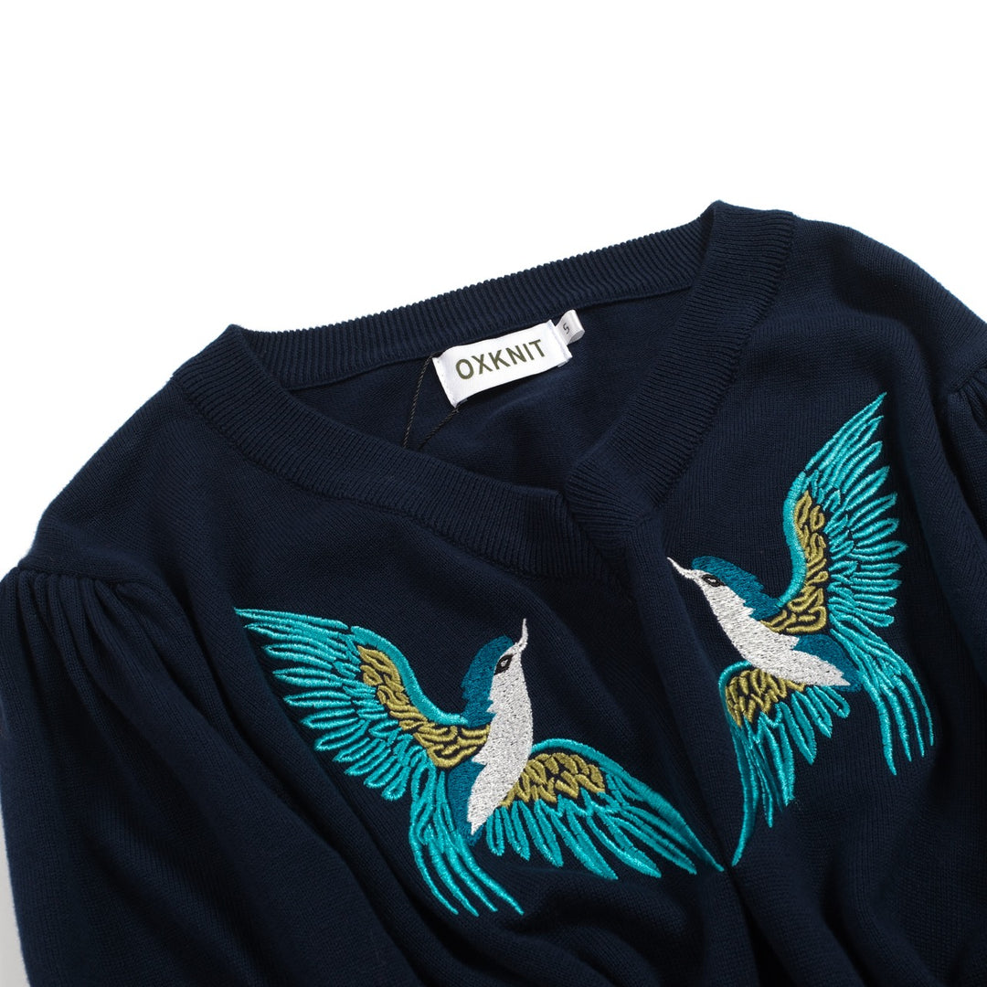 Kvinders mørkeblå broderede bobleærmer strik