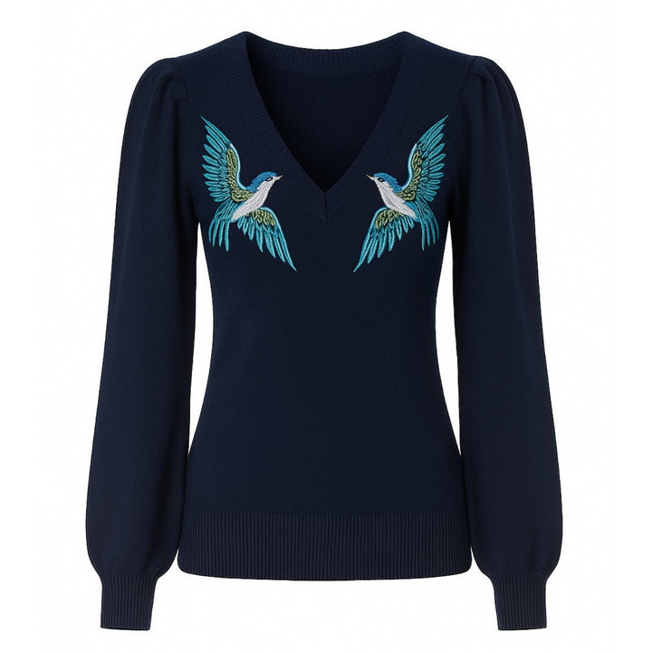 Kvinders mørkeblå broderede bobleærmer strik