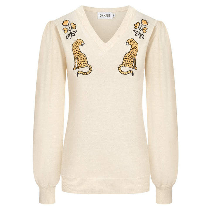 Women's white apricot cheetah embroidered bubble sleeve knitwear