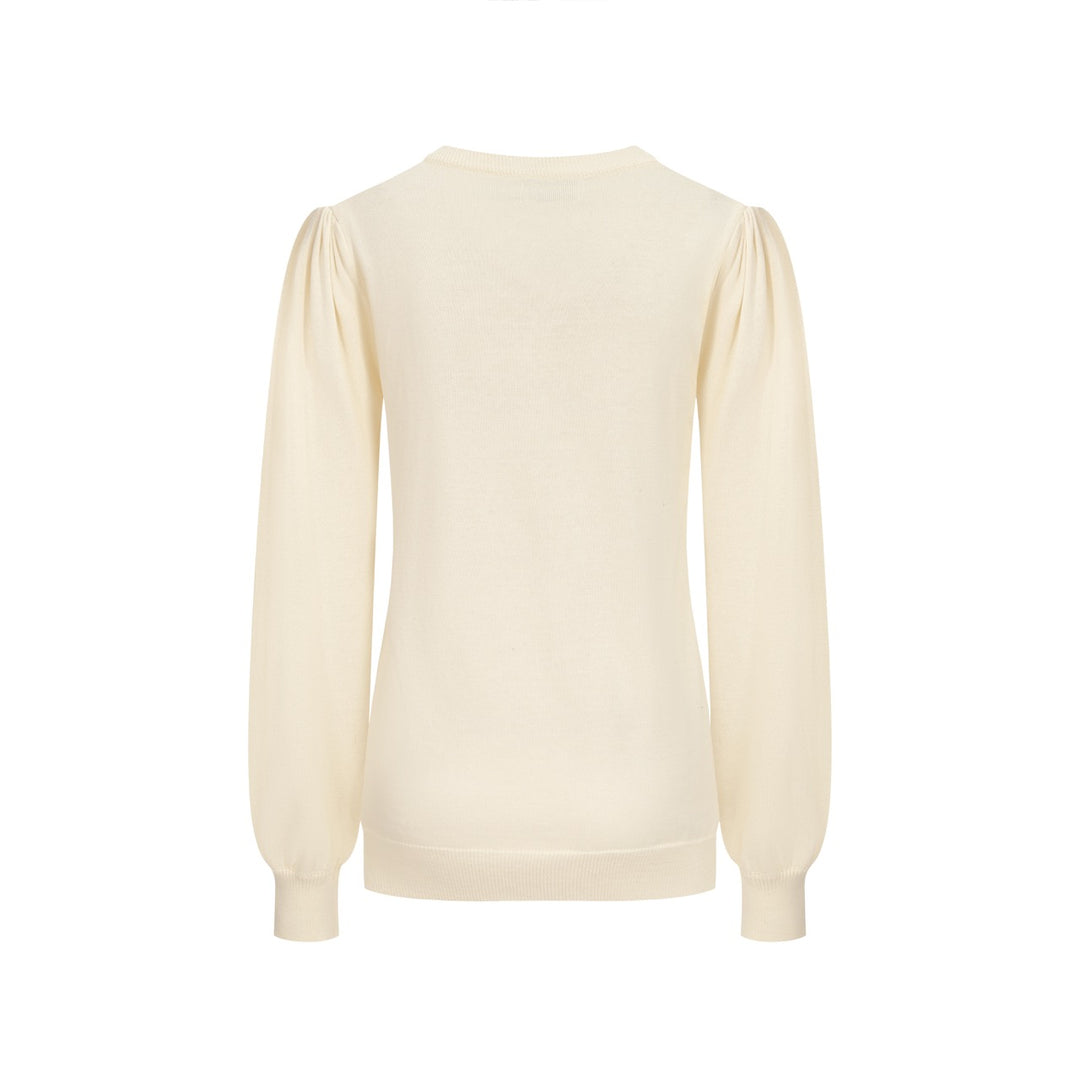 Women's white apricot cheetah embroidered bubble sleeve knitwear