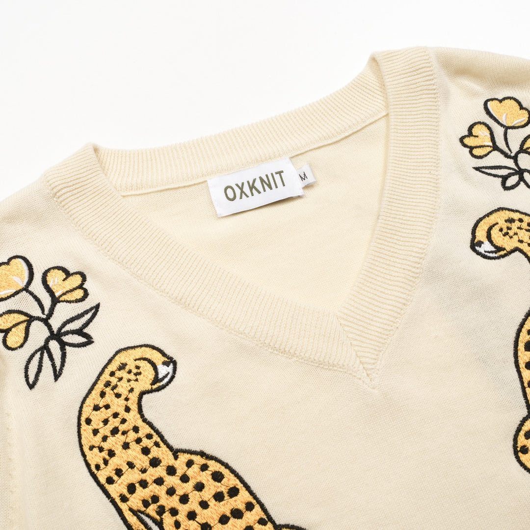 Women's white apricot cheetah embroidered bubble sleeve knitwear