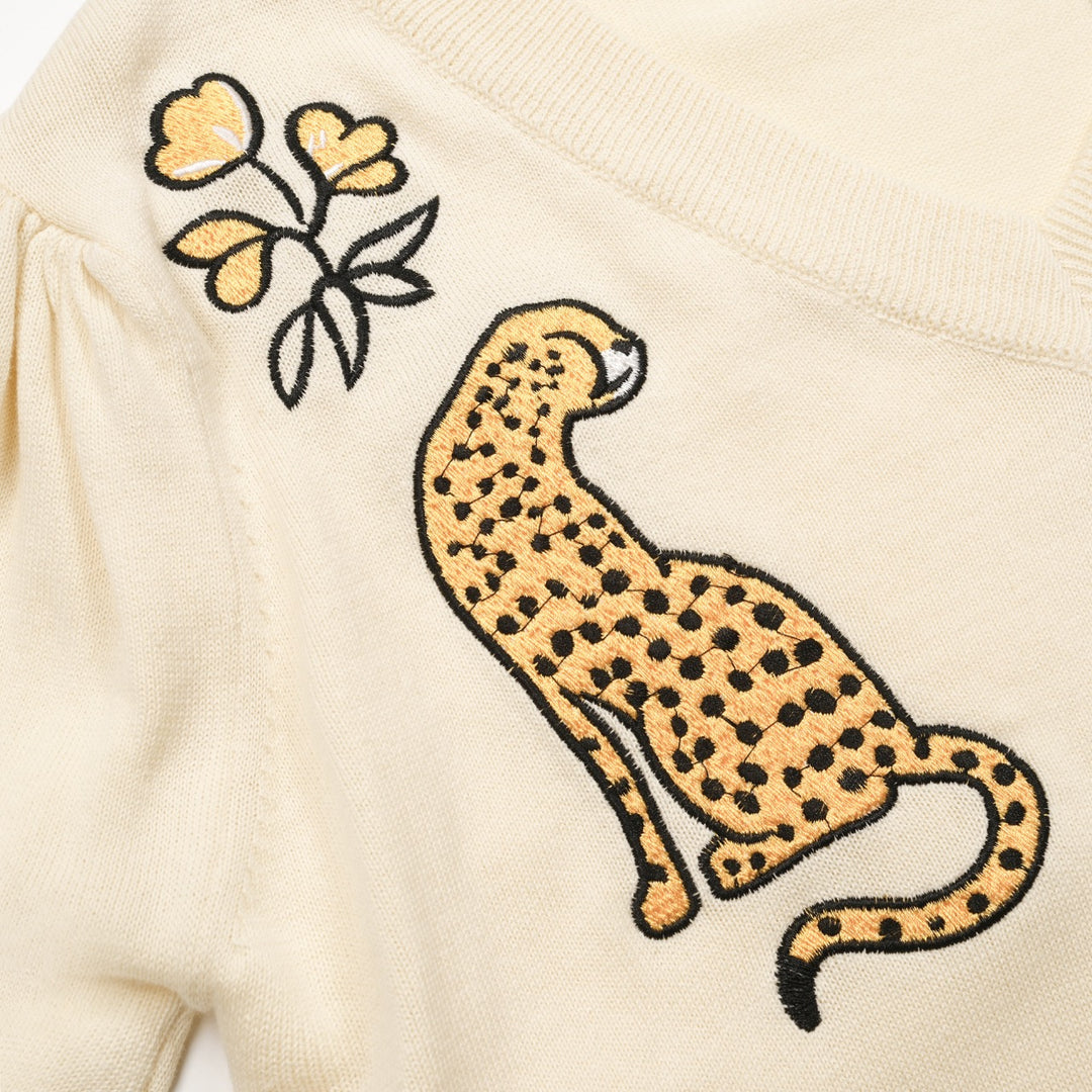 Women's white apricot cheetah embroidered bubble sleeve knitwear
