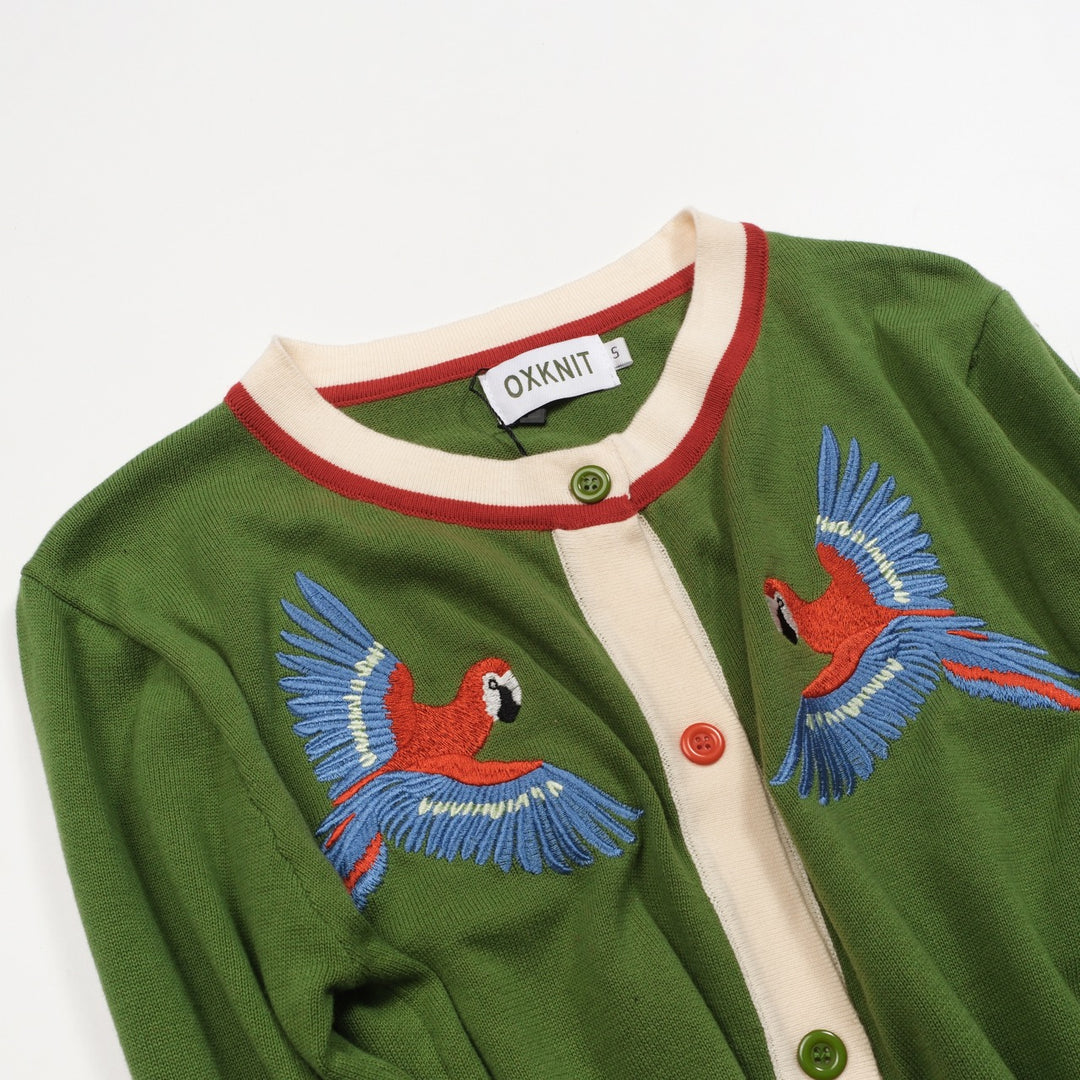 Kvinders grøn fuglebroderet strikcardigan