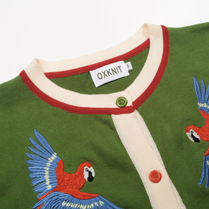 Kvinders grøn fuglebroderet strikcardigan