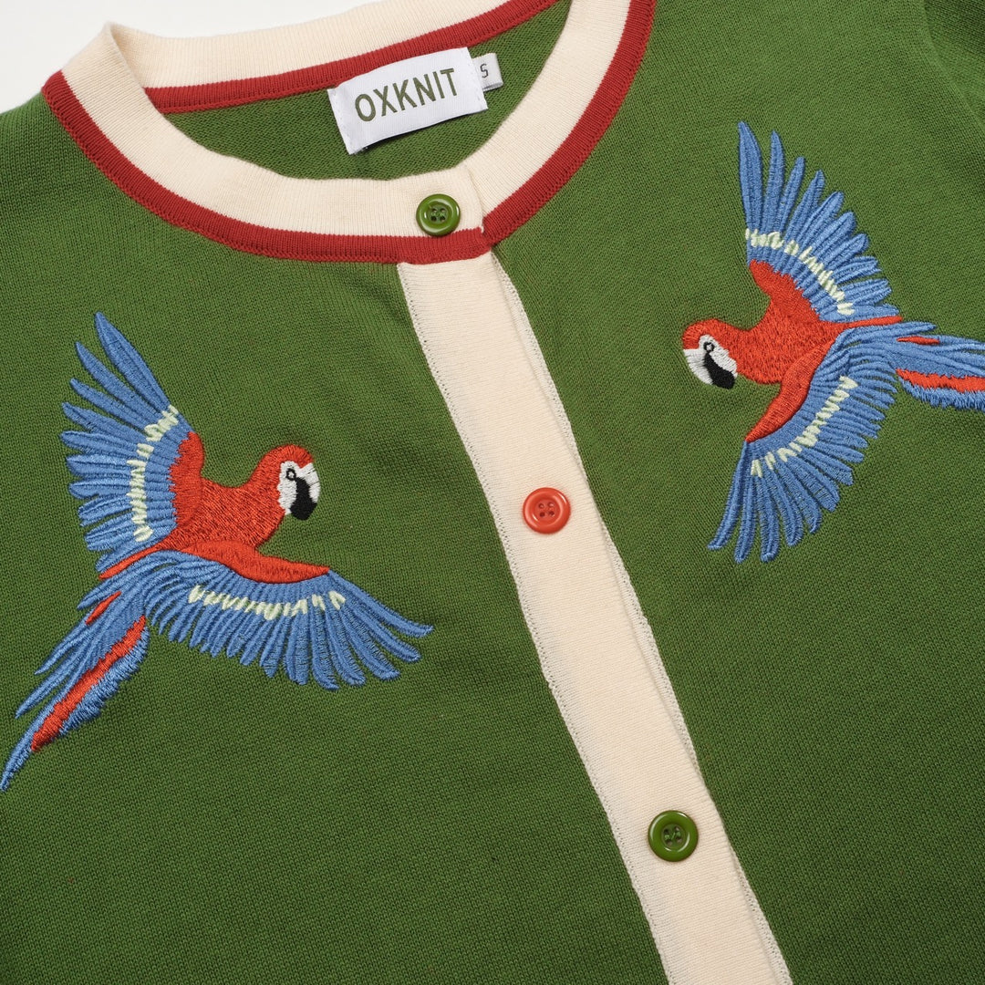 Kvinders grøn fuglebroderet strikcardigan