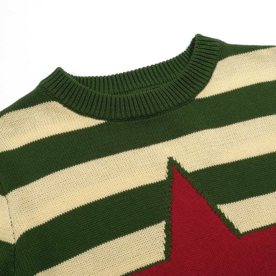 Women's green striped vintage pentacle knitwear-longer sleeves