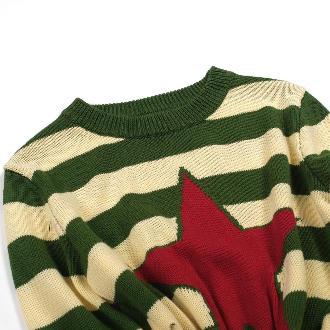 Women's green striped vintage pentacle knitwear-longer sleeves