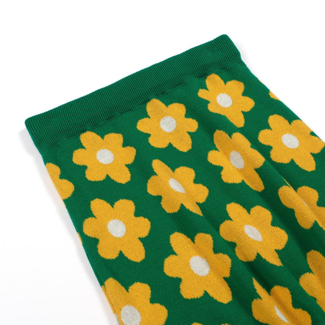 Jupe femme en maille jacquard college fleurie verte