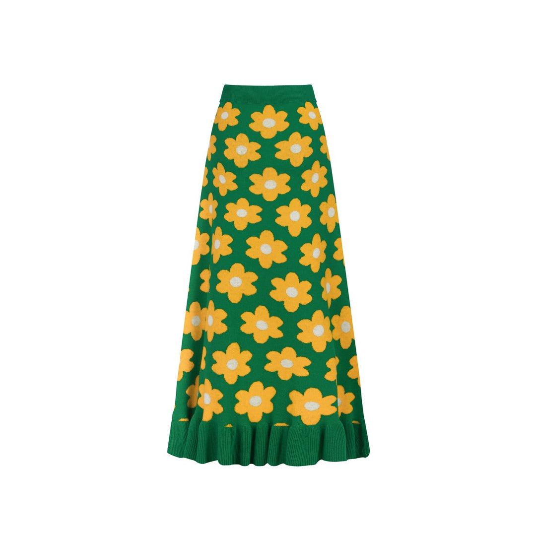 Jupe femme en maille jacquard college fleurie verte