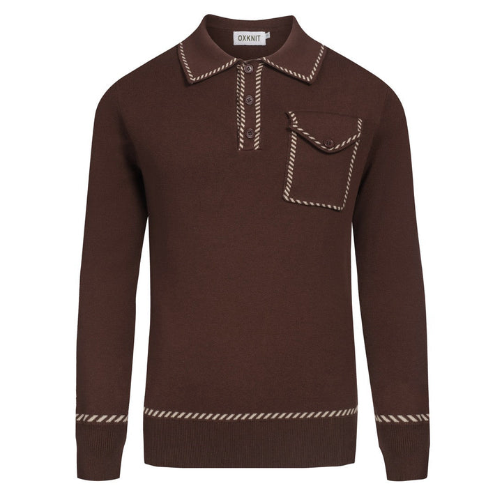 Braunes klassisches kariertes Strick-Poloshirt für Herren