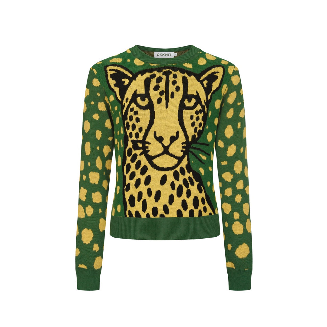 Kvinders grønt leopardprint dyrebluse nederdel strikket jakkesæt